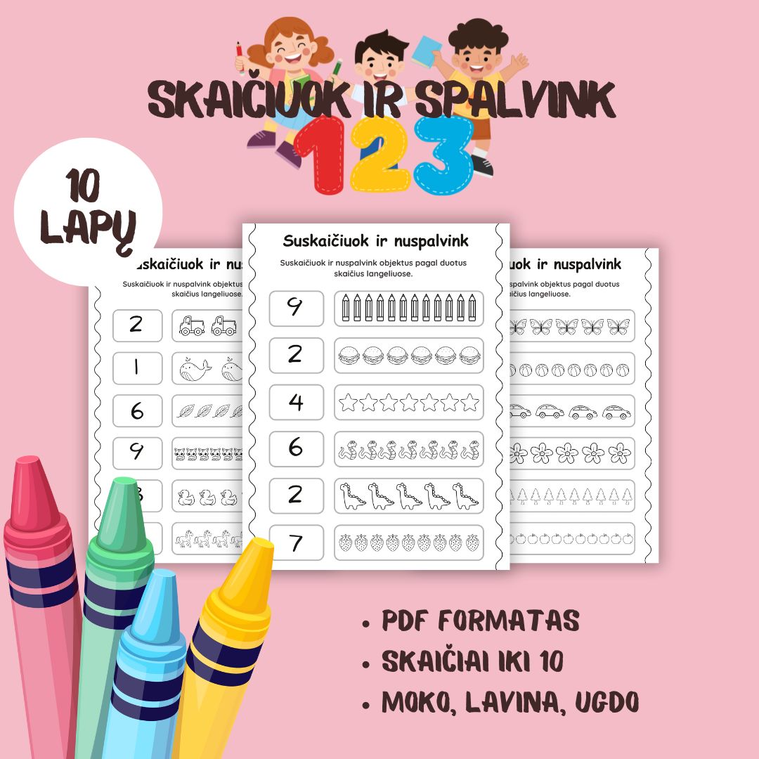 Suskaičiuok ir nuspalvink (10 psl.)