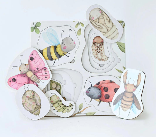 Edukacinė medinė Montessori dėlionė „Vabzdžių gyvenimo ciklas“